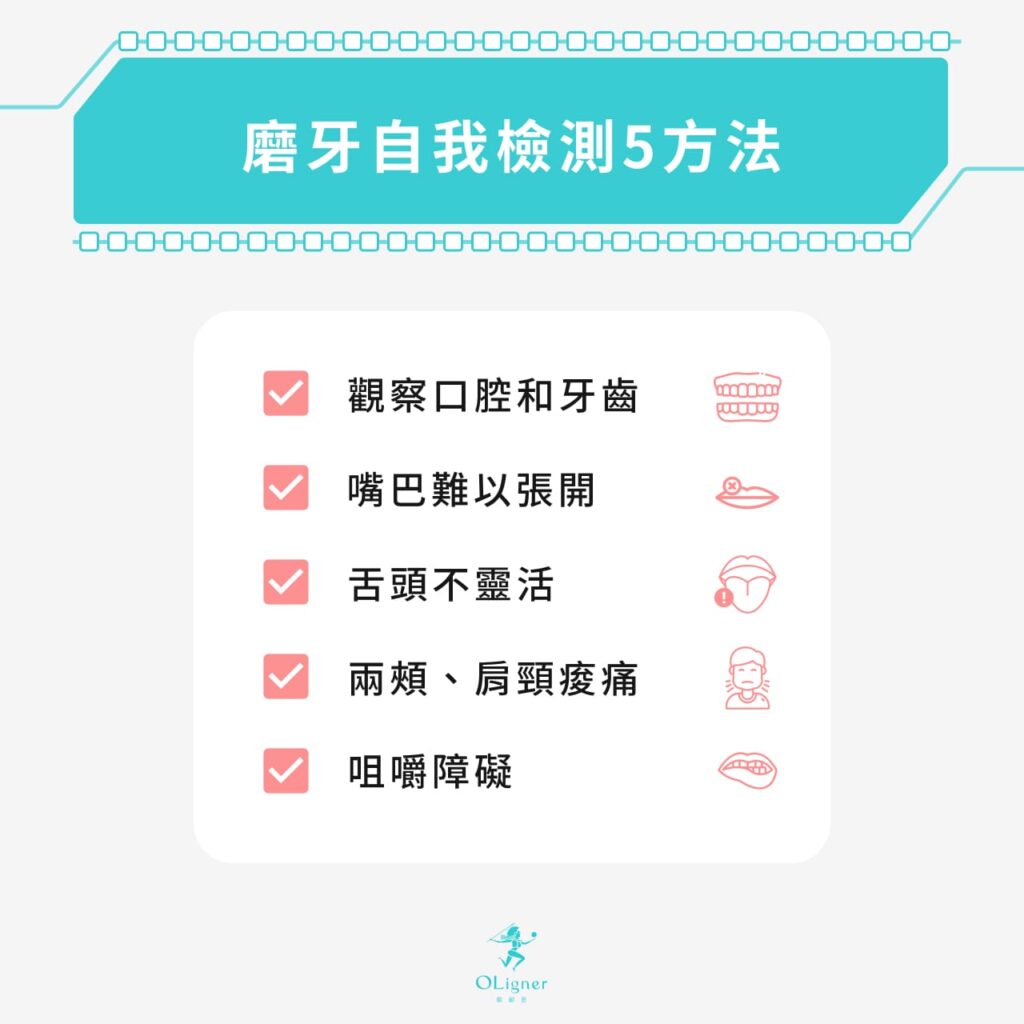 磨牙自我檢測5方法
觀察口腔和牙齒
嘴巴難以張開
舌頭不靈活
兩頰、肩頸痠痛
咀嚼障礙